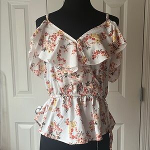 indulge White Floral Ruffle Cold-Shoulder Peplum Top with Pink & Yellow Flowers